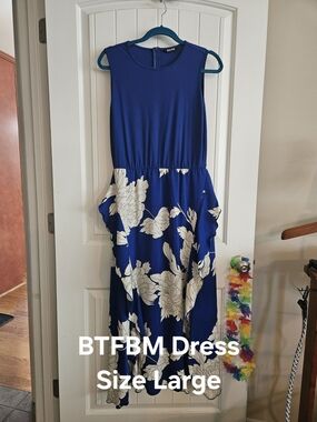 BTFBM Women's Royal Blue Maxi Dress with White Floral Print - Large